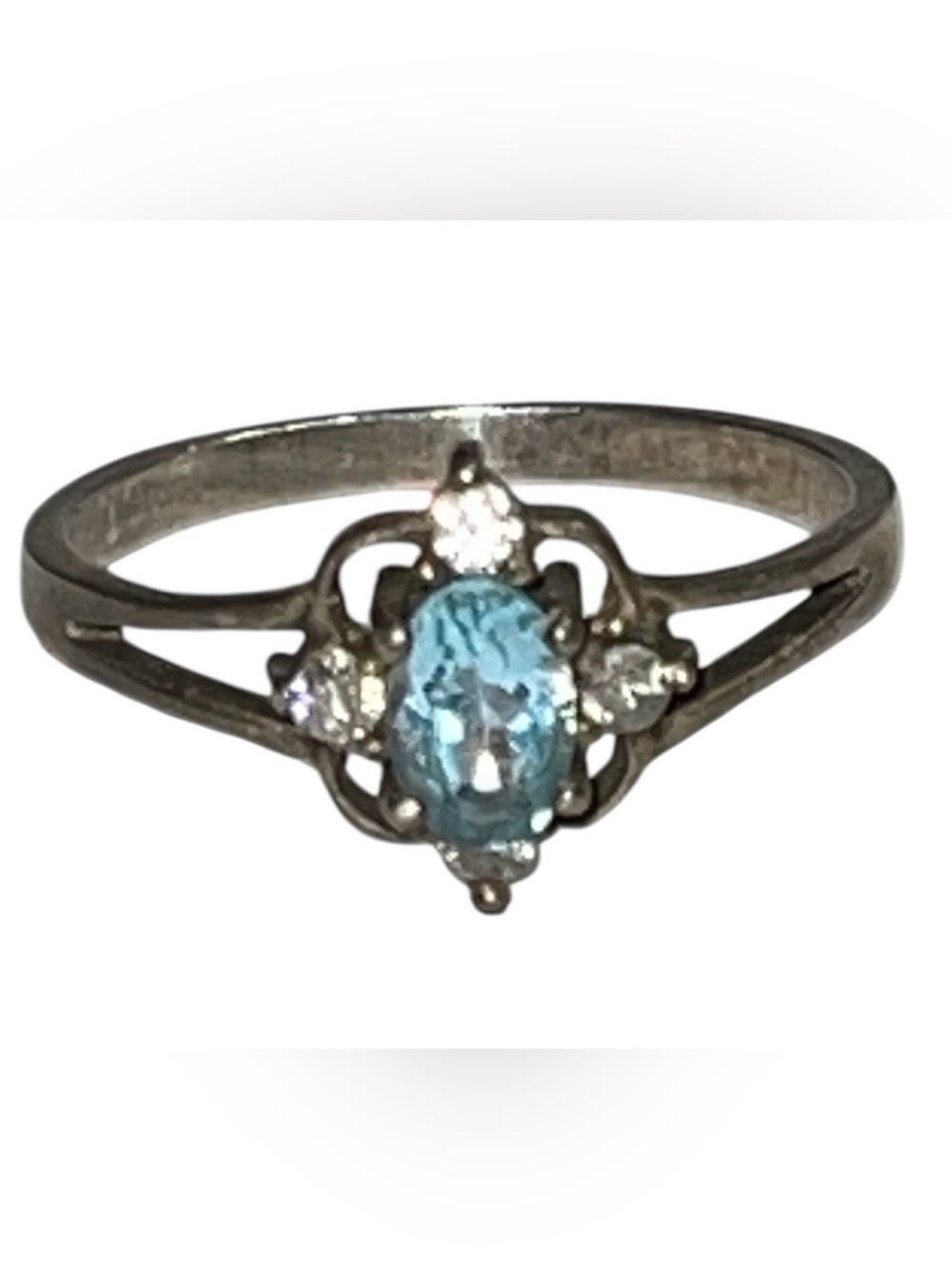 Vintage Signed 925 Sterling Silver Blue Topaz & CZ Accent Ring – Size 7